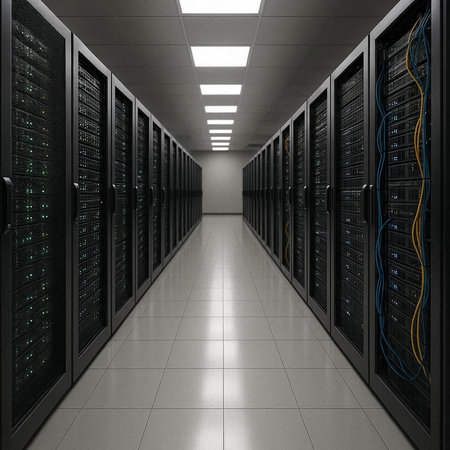 network server room with rows of black servers 3d rendering image.