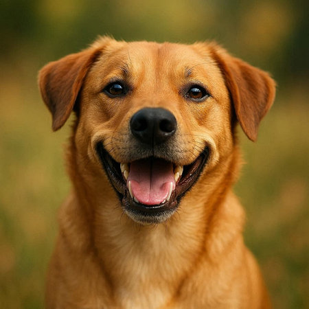 A closeup shot of a dog's face with a blurred background