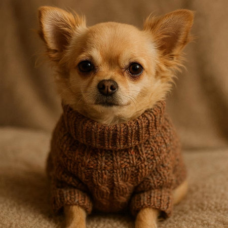 Chihuahua in a warm knitted sweater on a brown backgroundの写真素材