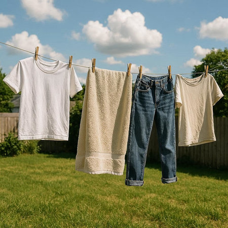 Laundry hanging on a clothesline with clothes in the background