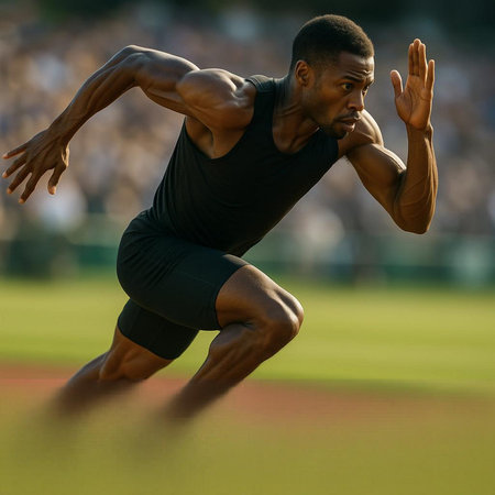 Athlete running on a track and field during a race.