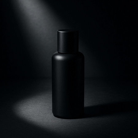 Blank black cosmetic bottle on black background. Mockup for design.の写真素材