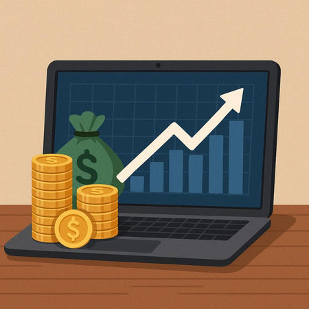 Laptop with money and growth graph on screen. Vector illustration.の写真素材