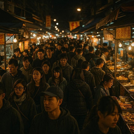 Unidentified people walking at night market.
