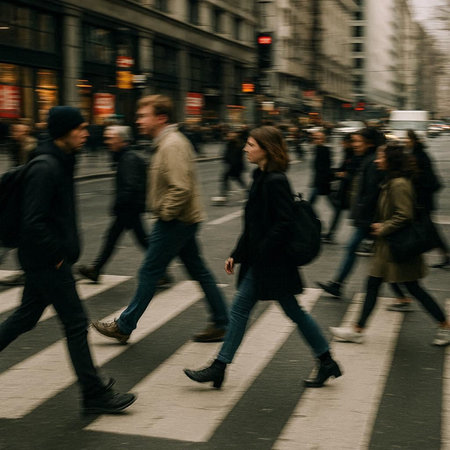 motion blur people on zebra crossing in london, england