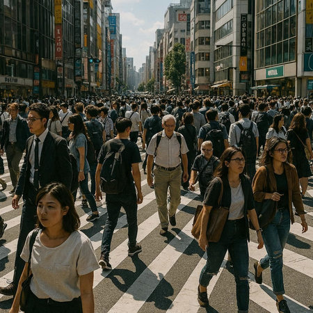Crowd of people crossing the street in Tokyo, Japan.の写真素材