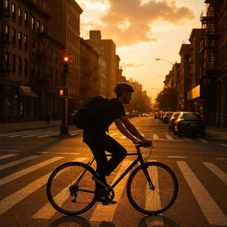 Man riding bicycle in the city at sunset. Urban biking concept.の写真素材