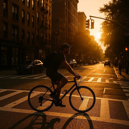 Silhouette of a man riding a bicycle in the city at sunset