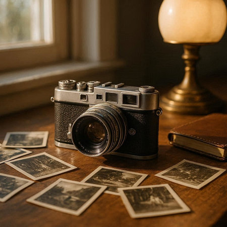 Vintage camera and old photos on a wooden table. Retro photographyの写真素材