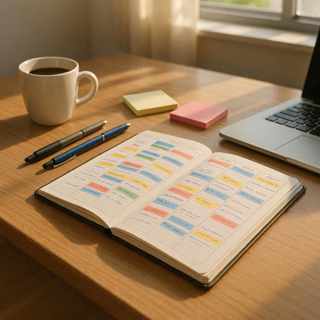 Notebook with pen and coffee cup on wooden table in home officeの写真素材