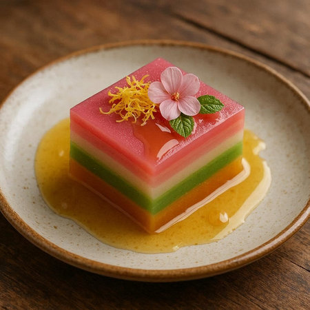 Colorful dessert on wooden table, dessert in plate.