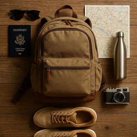 Set of travel items: backpack, camera, passport and shoes on wooden backgroundの写真素材