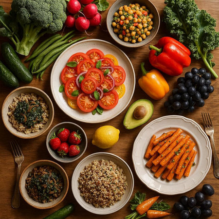 Healthy food selection on wooden background, top view. Balanced diet