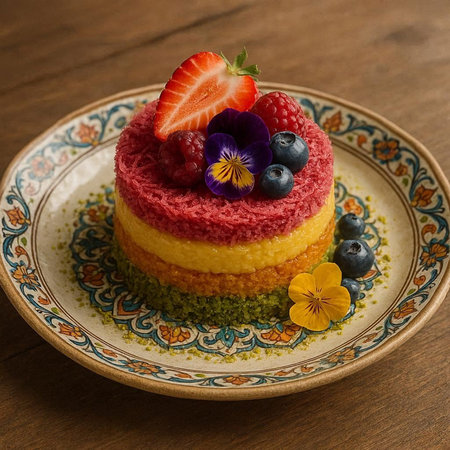 Delicious multi-colored cake with berries on a wooden background.