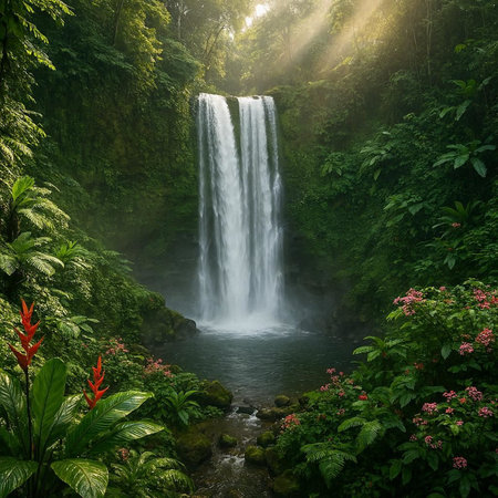 Tropical waterfall in the rainforest of Bali island, Indonesia