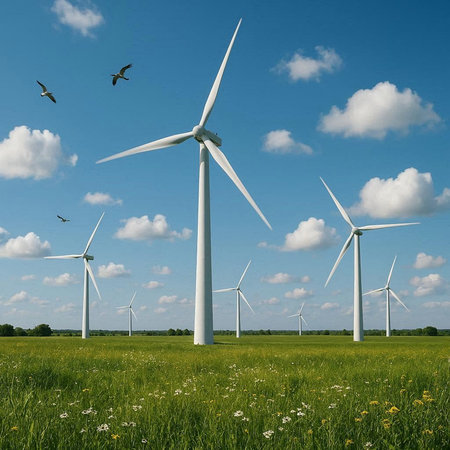 Wind turbines on a green meadow with dandelions and flowers.