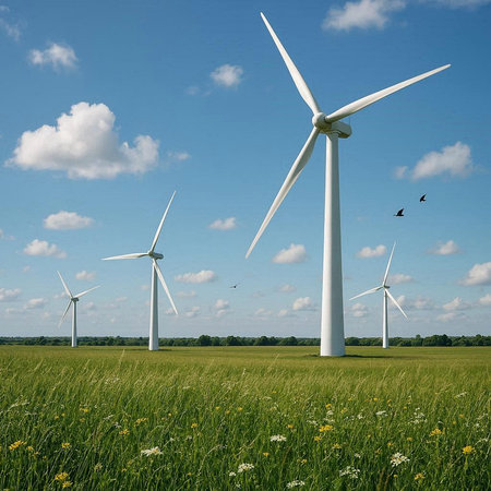 Wind turbines on a green meadow under blue sky with white clouds