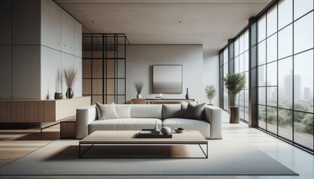 Interior of modern living room with white walls, concrete floor, panoramic window with city view and...