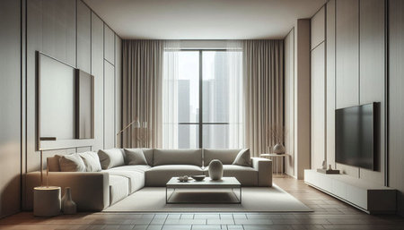 Interior of modern living room with white walls, tiled floor, comfortable sofa and window with city...