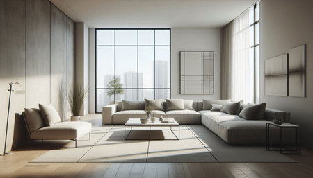 Interior of modern living room with gray sofa, coffee table and wooden floor. 3d rendering