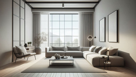 Interior of modern living room with white walls, wooden floor, comfortable sofa and coffee table. 3d...