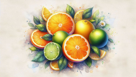 Watercolor painting of oranges, lemons and limes on white backgroundの写真素材