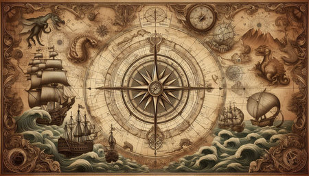 Antique compass and sailing ship on the background of the old map