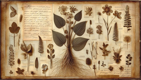Vintage floral background from an old book with dried flowers and plantsの写真素材