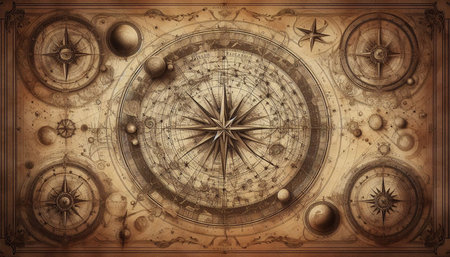 Old compass on a paper background. Elements of this image furnished by NASAの写真素材
