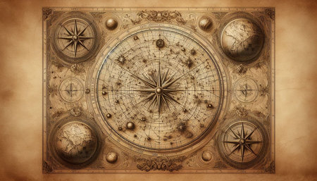 Vintage compass on old paper background.の写真素材