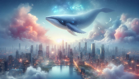 Whale flying over the city. 3D rendering. Elements of this image furnished by NASAの写真素材