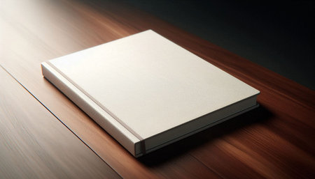 Blank book on wooden table. Mock up for portfolio design.