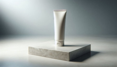 Luxury white cosmetic bottle mockup on concrete pedestal.