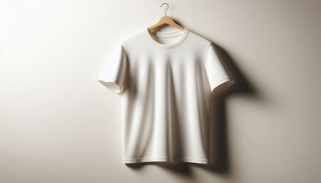 Blank white t-shirt hanging on a wooden hanger.