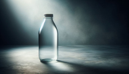 Empty glass bottle on concrete floor with copy space. 3D rendering