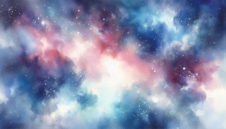 Watercolor galaxy background with stars and nebula. Hand drawn illustrationの写真素材