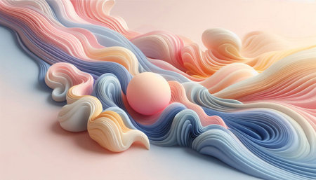 3d render of abstract background with waves and ball in pastel colors