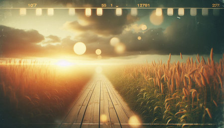 Wooden walkway in wheat field with film strip at sunset.