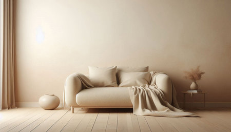 Interior of living room with beige sofa, 3d render