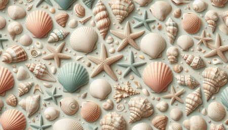 Seashells and starfish on a light blue background.