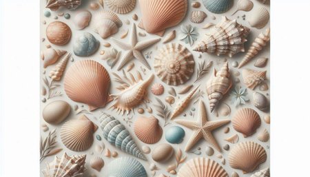Seashells and starfish on white background with copy space