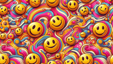 Cartoon cute hand drawn smiley face seamless pattern. Vector illustrationの写真素材