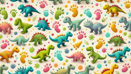 Seamless pattern with cute dinosaurs and footprints. Vector illustration.の写真素材