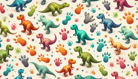 Seamless pattern with cute dinosaurs and paw prints. Vector illustration.の写真素材
