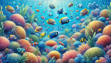 Underwater world. Underwater world with corals and tropical fish.の写真素材
