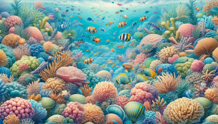 Underwater world with corals and tropical fish. 3d renderの写真素材
