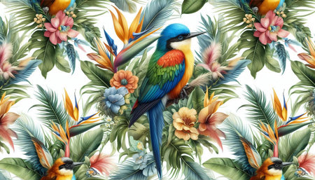 Seamless pattern with tropical birds and flowers. Watercolor illustrationの写真素材