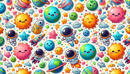 Seamless pattern with cartoon planets. Space theme. Vector illustration