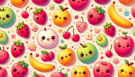 Seamless pattern with cute cartoon fruit characters, vector illustration.の写真素材