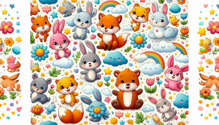 Seamless pattern with cute animals on rainbow background - illustration for childrenの写真素材